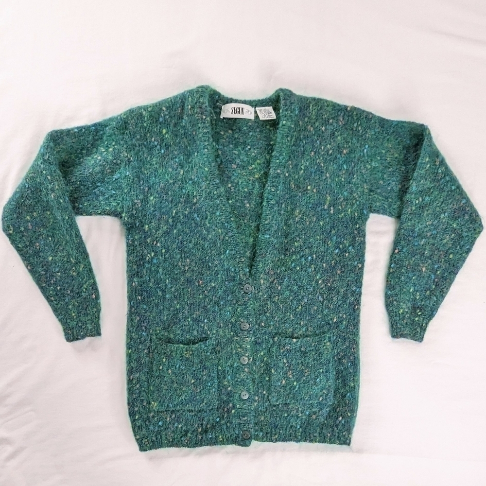 VTG Mohair Soft Knit Green Color Flecks Button Up Cardigan